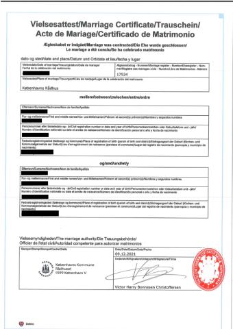Danish International Marriage certificate