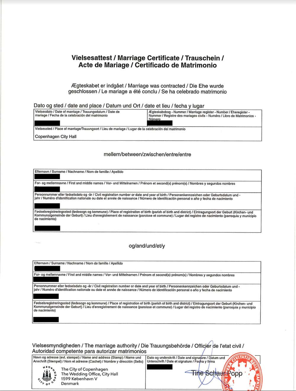 Example of international marriage certificate Denmark