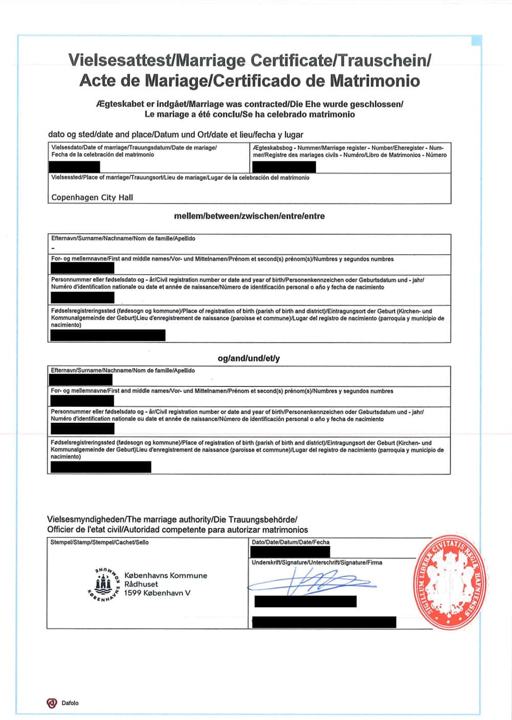 Denmark international marriage certificate