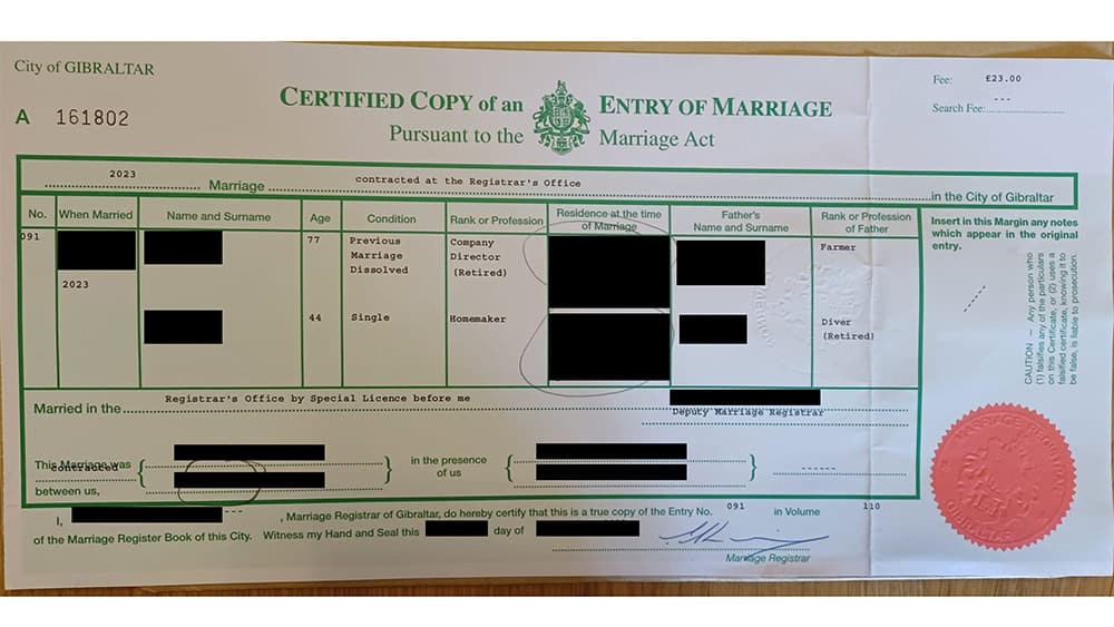Gibraltar marriage certificate